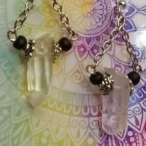 CRYSTAL POINT EARRINGS, Black & Silvery Chains & Accents